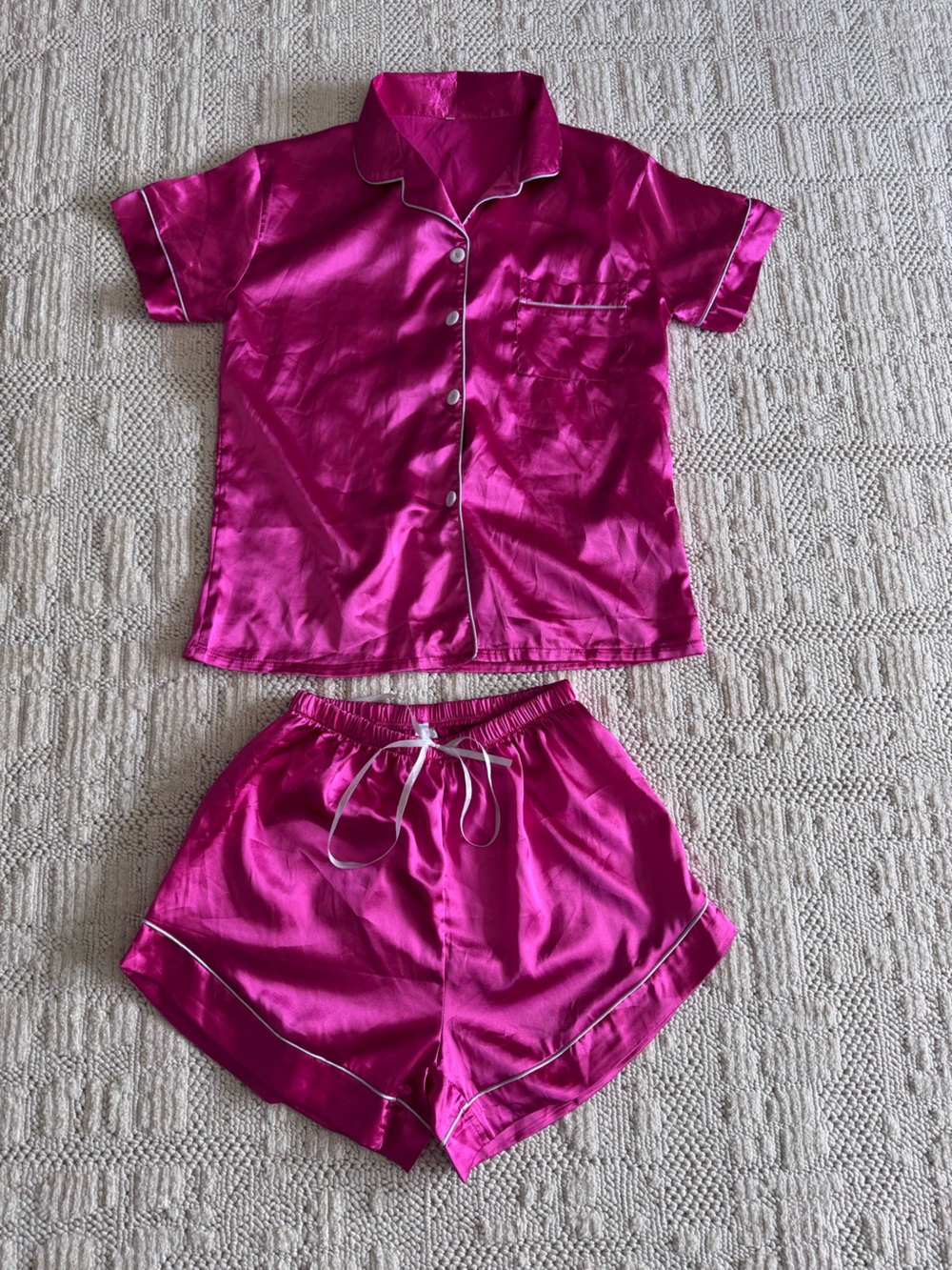 Never worn - Silky Hot Pink Satin Women's PJ Set. Button Top & Drawstring Shorts